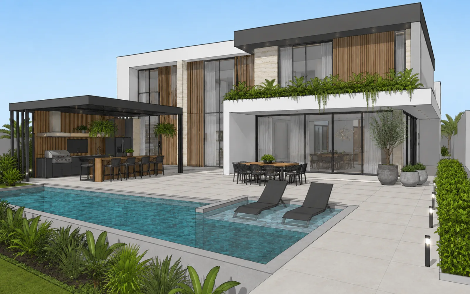 Modelo 3D do SketchUp de uma casa de dois pavimentos com piscina, deck, espreguiçadeiras e área gourmet coberta