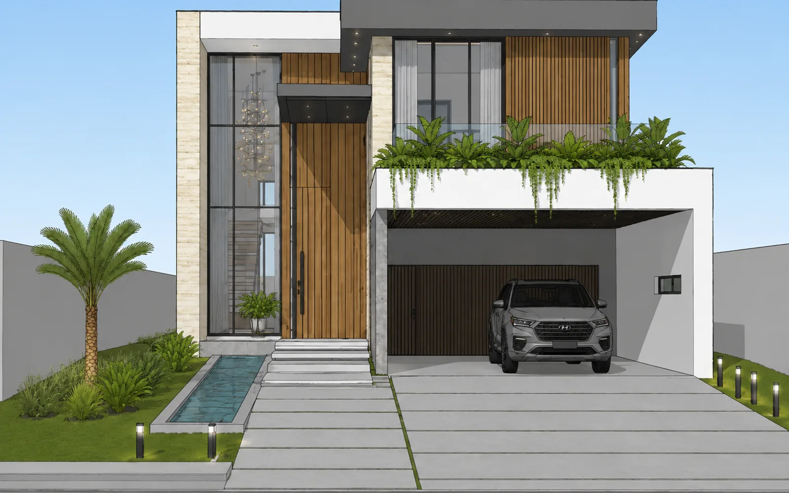 Modelo 3D cinza do SketchUp de uma fachada residencial de dois pavimentos com pé-direito duplo na entrada