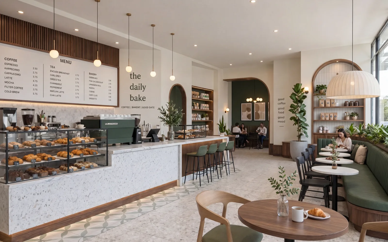 Foto realista gerada pelo Lume da mesma cafeteria em funcionamento, com clientes nas mesas e pendentes acesos