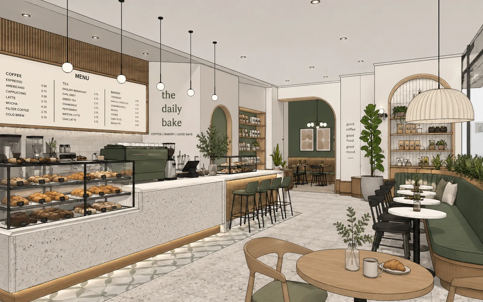 Modelo 3D do SketchUp de uma cafeteria com balcão de vitrine, banquetas e mesas redondas