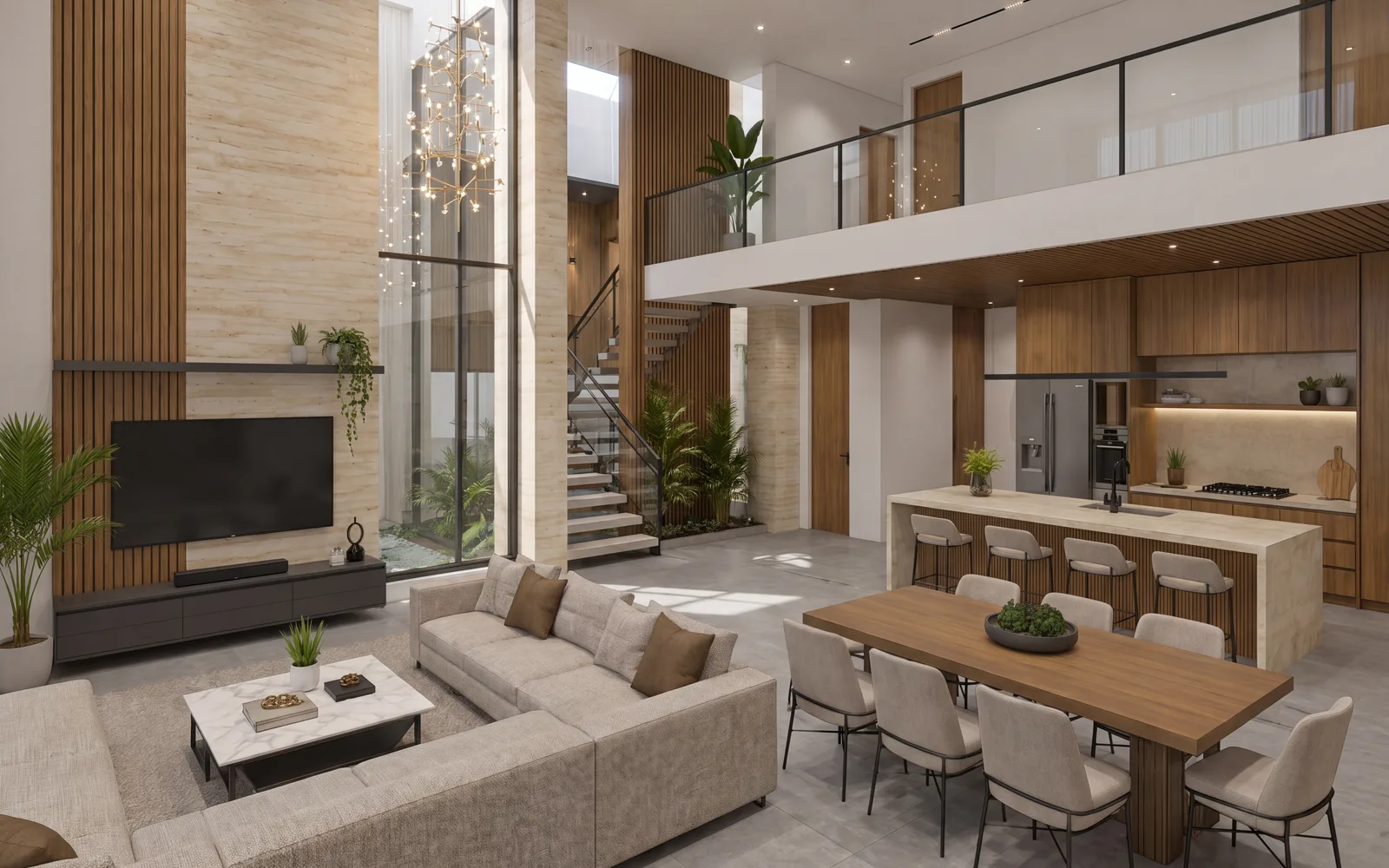 Foto realista gerada pelo Lume do mesmo living integrado, com luz natural difusa, madeira e travertino realçados
