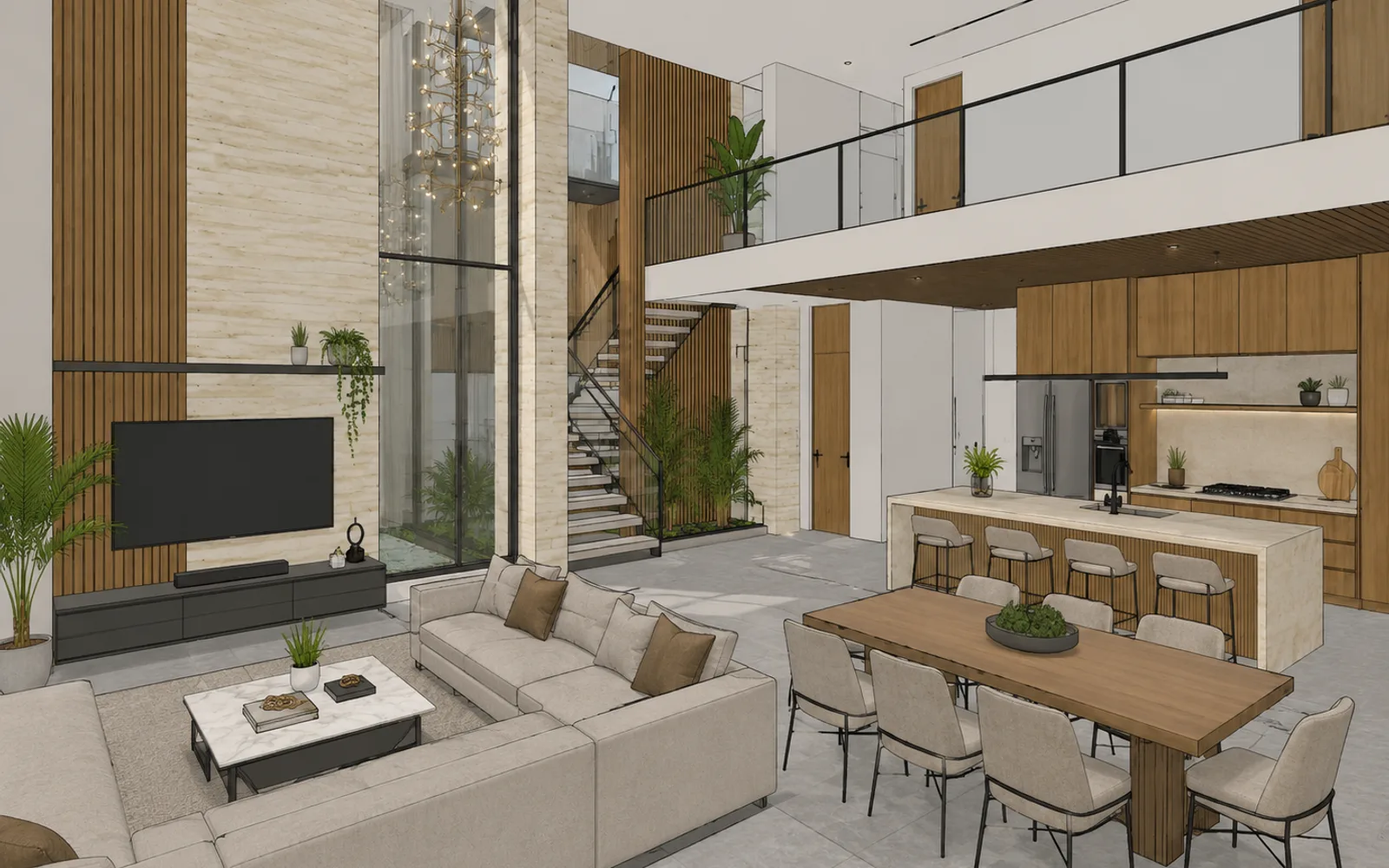 Modelo 3D do SketchUp de um living integrado com pé-direito duplo, cozinha, mesa de jantar e mezanino