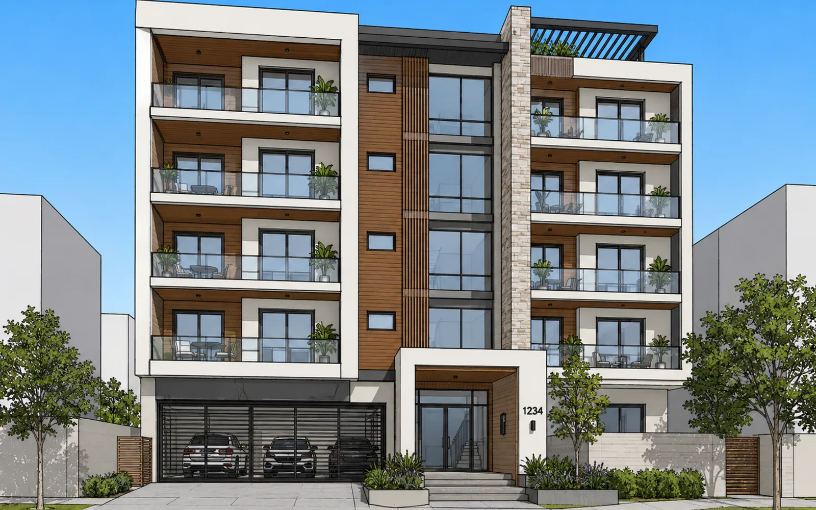 Modelo 3D do SketchUp de um prédio residencial de cinco pavimentos com varandas e garagem